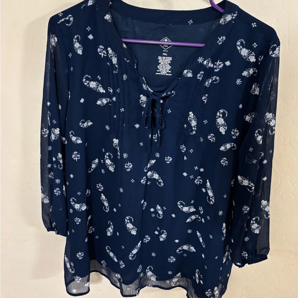 St. John's Bay Navy and White Paisley Tie-Front Blouse
